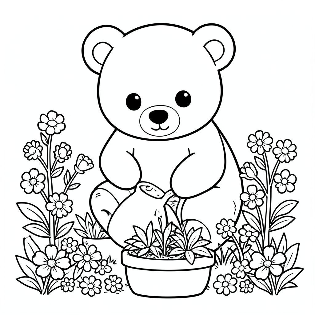 Kawaii bear gardening, watering plants, flowers around, vector style, black and white, coloring book page, no shading, thick clean outlines, white background