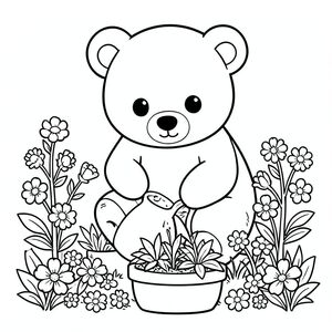 Kawaii bear gardening, watering plants, flowers around, vector style, black and white, coloring book page, no shading, thick clean outlines, white background