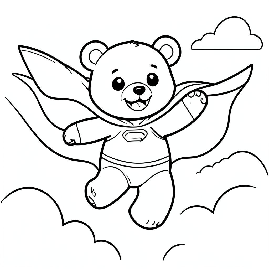 Bear superhero flying in the sky, cape waving, kawaii style, vector style, black and white, coloring book page, no shading, thick clean outlines, white background