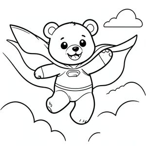Bear superhero flying in the sky, cape waving, kawaii style, vector style, black and white, coloring book page, no shading, thick clean outlines, white background
