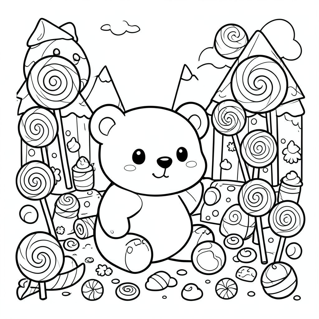 Cute bear visiting a candy land, lollipops and sweets everywhere, kawaii style, vector style, black and white, coloring book page, no shading, thick clean outlines, white background