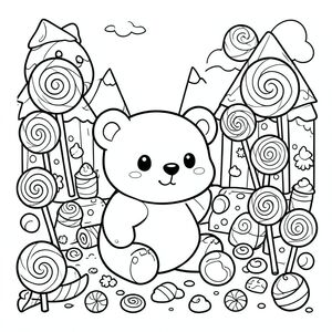 Cute bear visiting a candy land, lollipops and sweets everywhere, kawaii style, vector style, black and white, coloring book page, no shading, thick clean outlines, white background