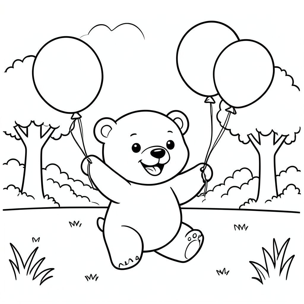 Bear playing with balloons in the park, happy expression, vector style, black and white, coloring book page, no shading, thick clean outlines, white background
