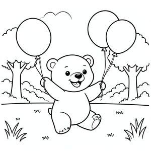 Bear playing with balloons in the park, happy expression, vector style, black and white, coloring book page, no shading, thick clean outlines, white background