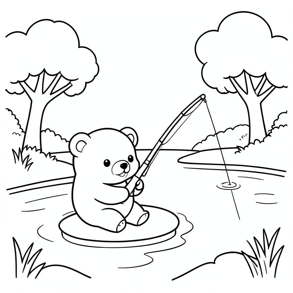 Kawaii bear fishing by a lake, simple water and trees, vector style, black and white, coloring book page, no shading, thick clean outlines, white background