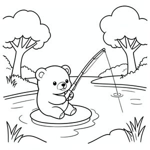 Kawaii bear fishing by a lake, simple water and trees, vector style, black and white, coloring book page, no shading, thick clean outlines, white background