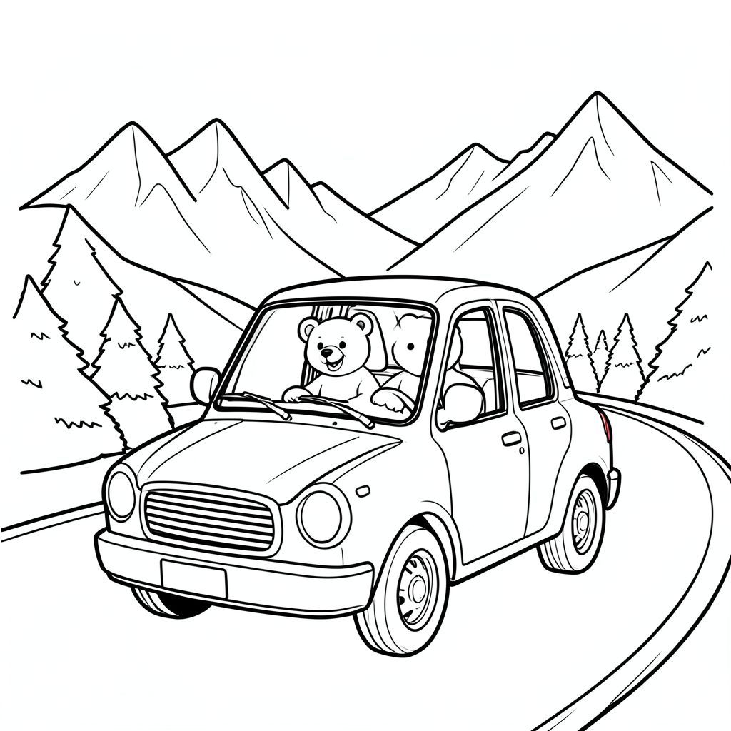 Bear traveling in a small car, road trip, mountains in background, vector style, black and white, coloring book page, no shading, thick clean outlines, white background