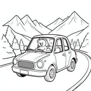 Bear traveling in a small car, road trip, mountains in background, vector style, black and white, coloring book page, no shading, thick clean outlines, white background