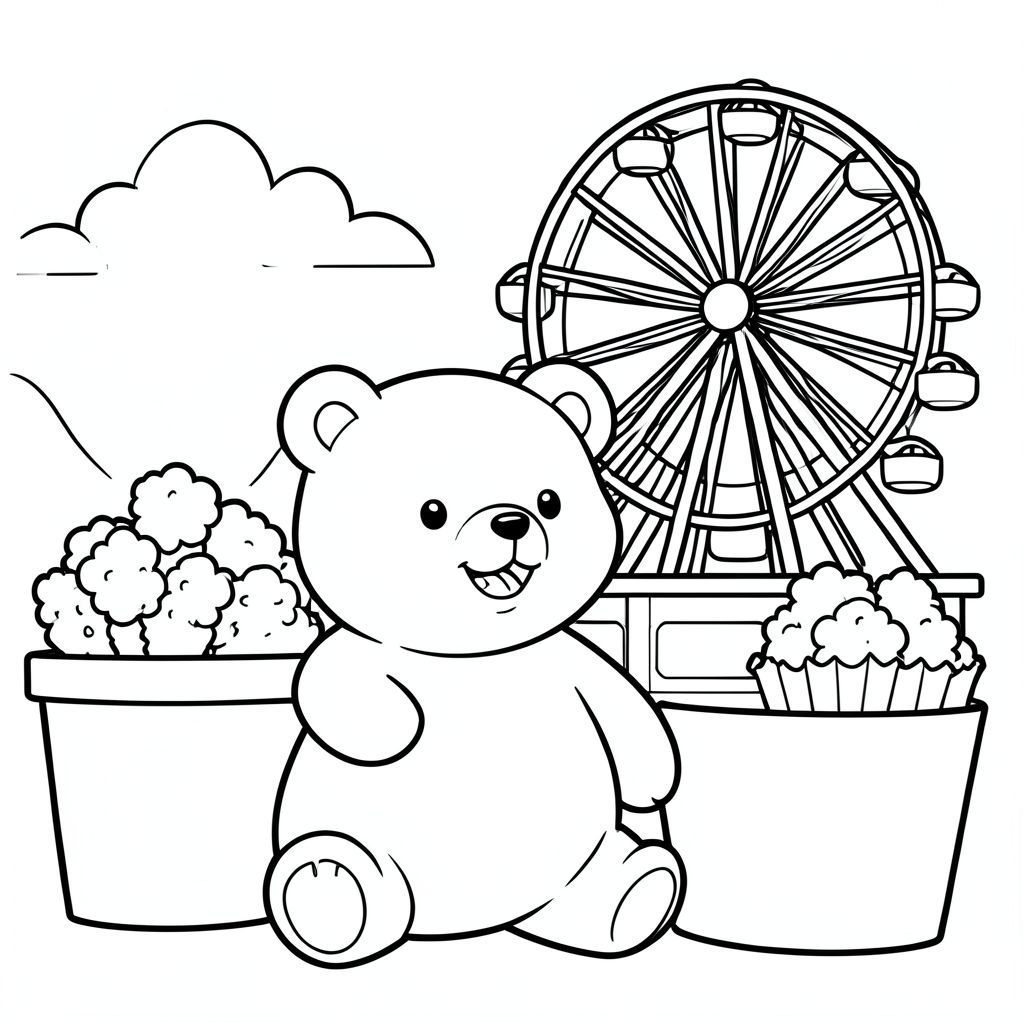 Cute bear at a carnival, ferris wheel and popcorn, vector style, black and white, coloring book page, no shading, thick clean outlines, white background