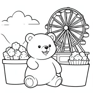 Cute bear at a carnival, ferris wheel and popcorn, vector style, black and white, coloring book page, no shading, thick clean outlines, white background