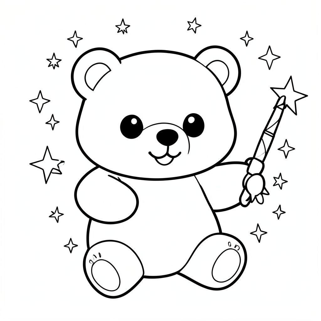 Kawaii bear learning magic, holding a wand, stars and sparkles, vector style, black and white, coloring book page, no shading, thick clean outlines, white background