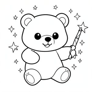 Kawaii bear learning magic, holding a wand, stars and sparkles, vector style, black and white, coloring book page, no shading, thick clean outlines, white background