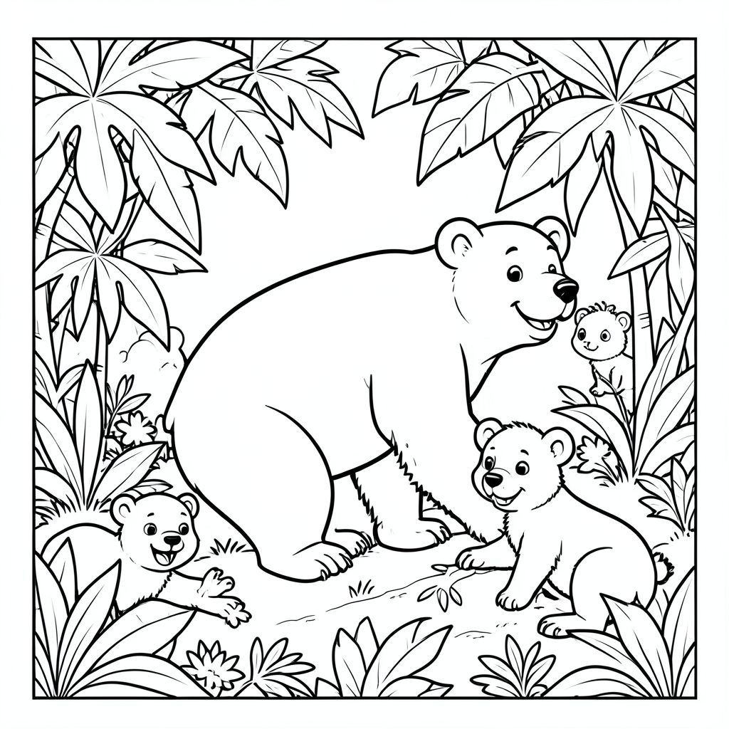 Bear exploring a jungle, friendly animals around, vector style, black and white, coloring book page, no shading, thick clean outlines, white background