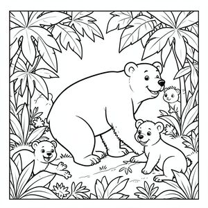 Bear exploring a jungle, friendly animals around, vector style, black and white, coloring book page, no shading, thick clean outlines, white background