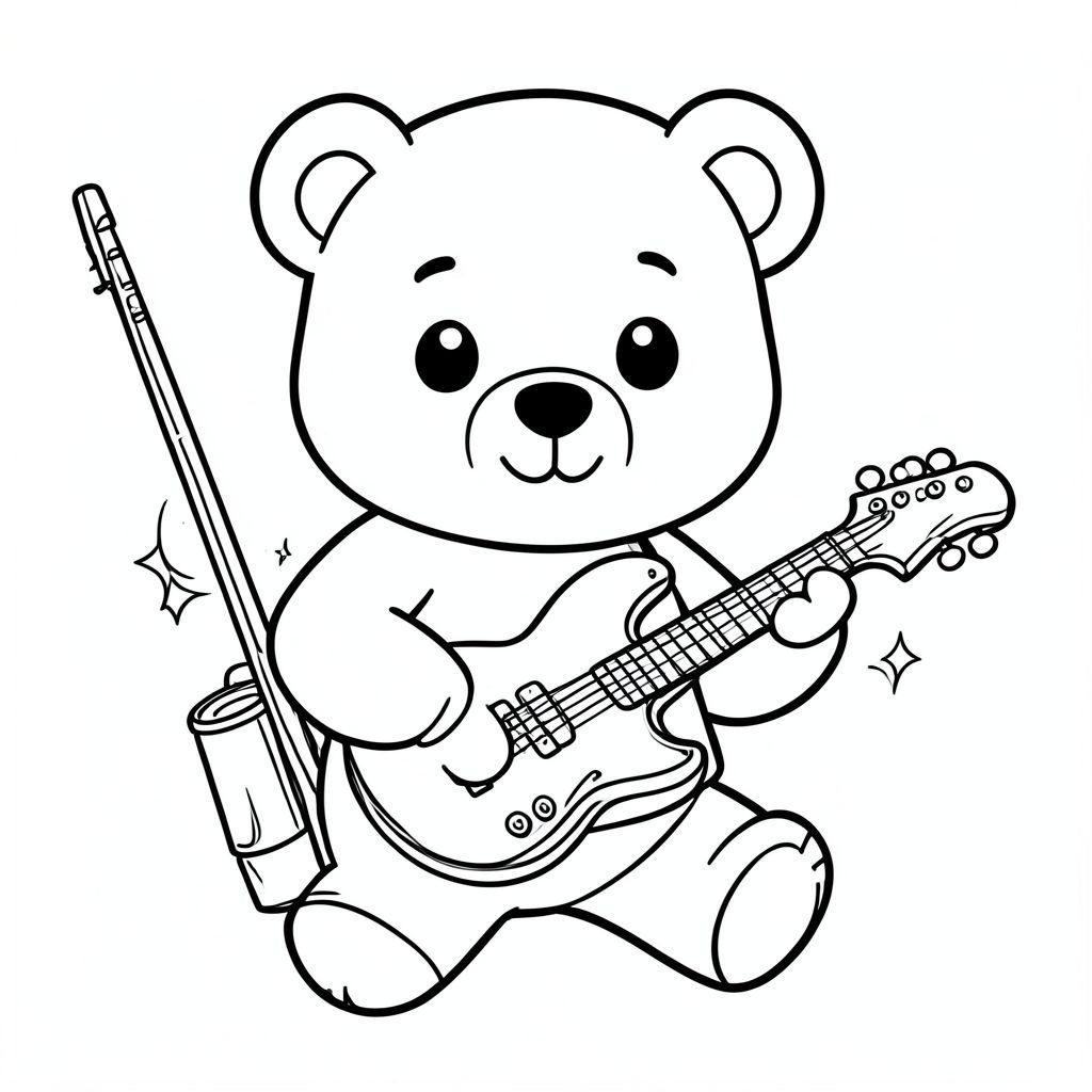 Cute bear playing musical instruments, fun and cheerful scene, kawaii style, vector style, black and white, coloring book page, no shading, thick clean outlines, white background