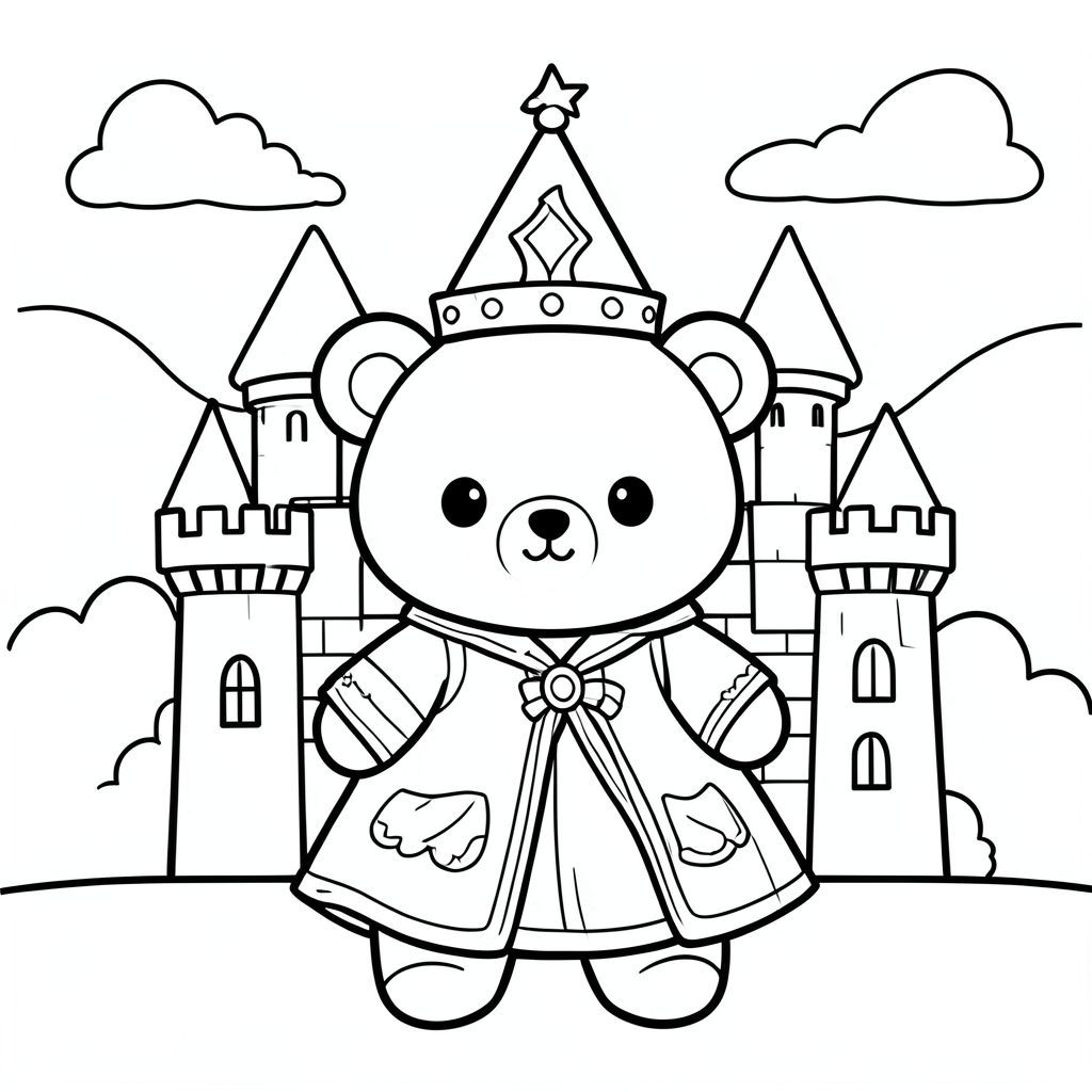 Kawaii bear in a castle dressed as a prince or princess, simple background, vector style, black and white, coloring book page, no shading, thick clean outlines, white background

