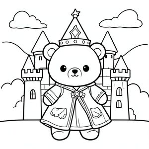 Kawaii bear in a castle dressed as a prince or princess, simple background, vector style, black and white, coloring book page, no shading, thick clean outlines, white background
