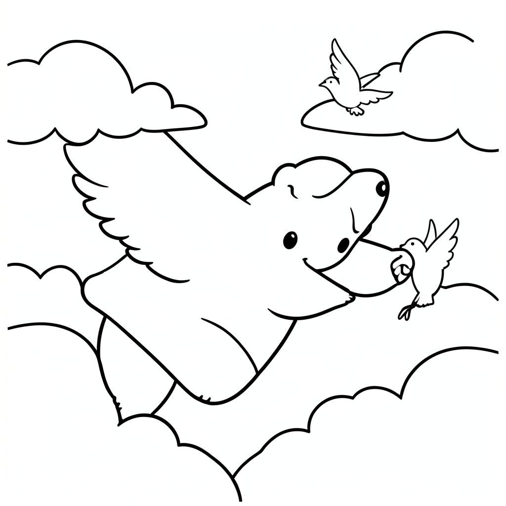 Bear flying with birds in the sky, clouds, minimal details, vector style, black and white, coloring book page, no shading, thick clean outlines, white background