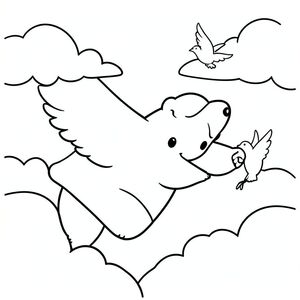 Bear flying with birds in the sky, clouds, minimal details, vector style, black and white, coloring book page, no shading, thick clean outlines, white background