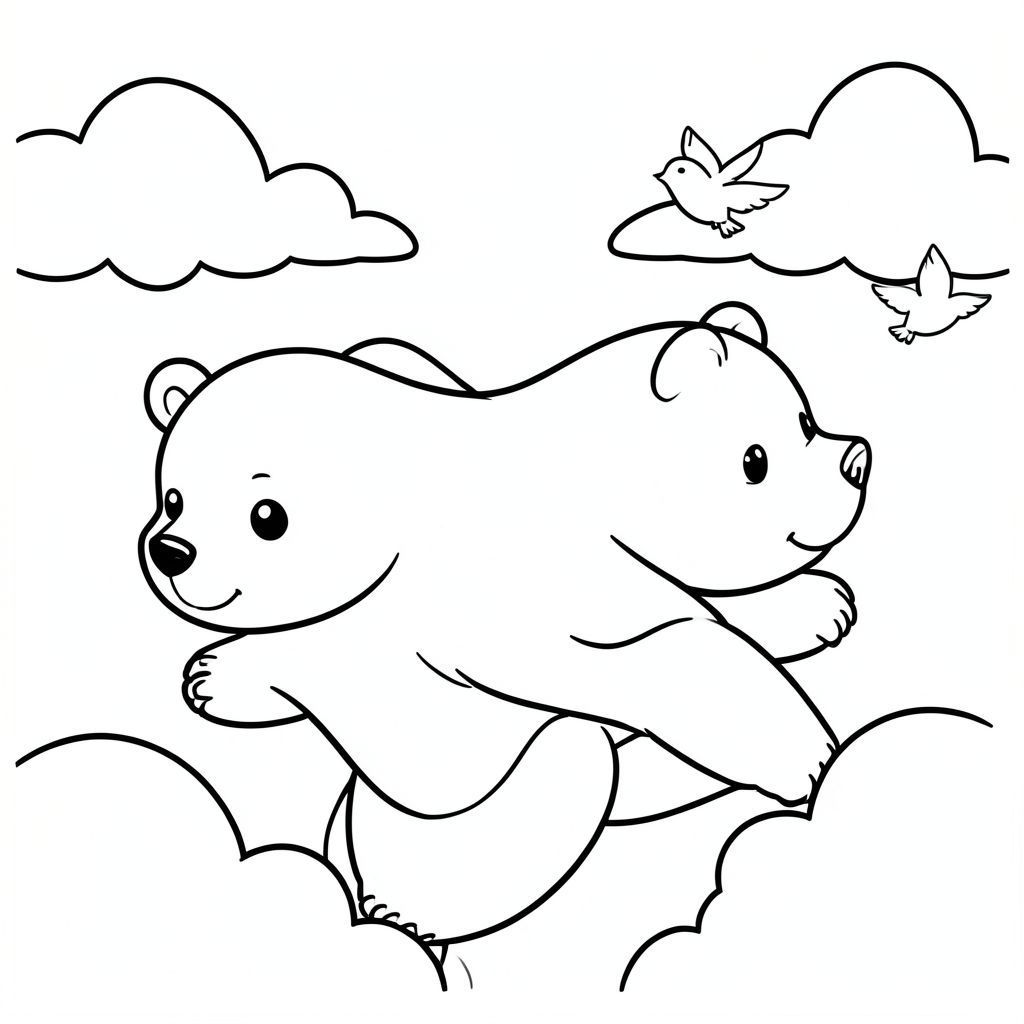 Bear flying side to side with birds in the sky, clouds, minimal details, vector style, black and white, coloring book page, no shading, thick clean outlines, white background