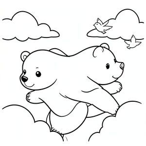Bear flying side to side with birds in the sky, clouds, minimal details, vector style, black and white, coloring book page, no shading, thick clean outlines, white background