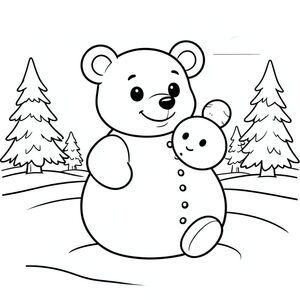 Cute bear making a snowman, winter scene, vector style, black and white, coloring book page, no shading, thick clean outlines, white background