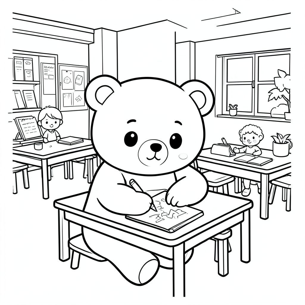 Kawaii bear at school, writing and drawing, simple classroom scene, vector style, black and white, coloring book page, no shading, thick clean outlines, white background
