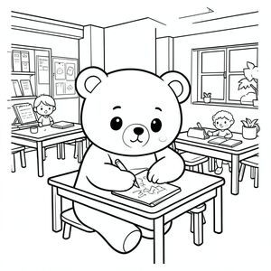 Kawaii bear at school, writing and drawing, simple classroom scene, vector style, black and white, coloring book page, no shading, thick clean outlines, white background
