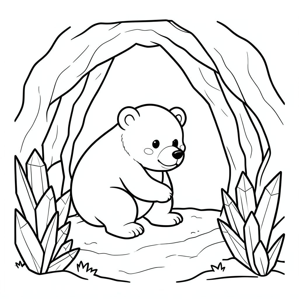 Bear exploring a cave with crystals, cute and not scary, vector style, black and white, coloring book page, no shading, thick clean outlines, white background