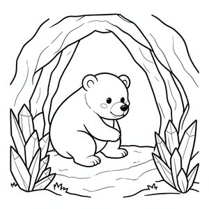 Bear exploring a cave with crystals, cute and not scary, vector style, black and white, coloring book page, no shading, thick clean outlines, white background