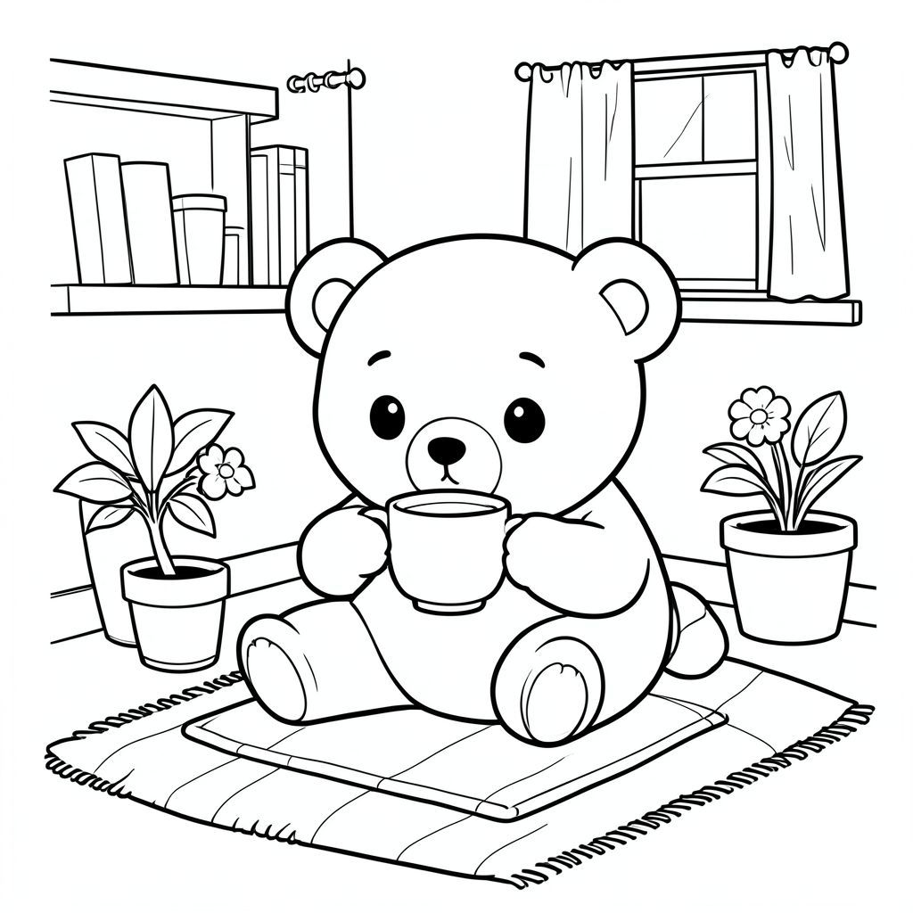 Kawaii bear relaxing at home drinking tea, cozy scene, vector style, black and white, coloring book page, no shading, thick clean outlines, white background