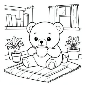 Kawaii bear relaxing at home drinking tea, cozy scene, vector style, black and white, coloring book page, no shading, thick clean outlines, white background