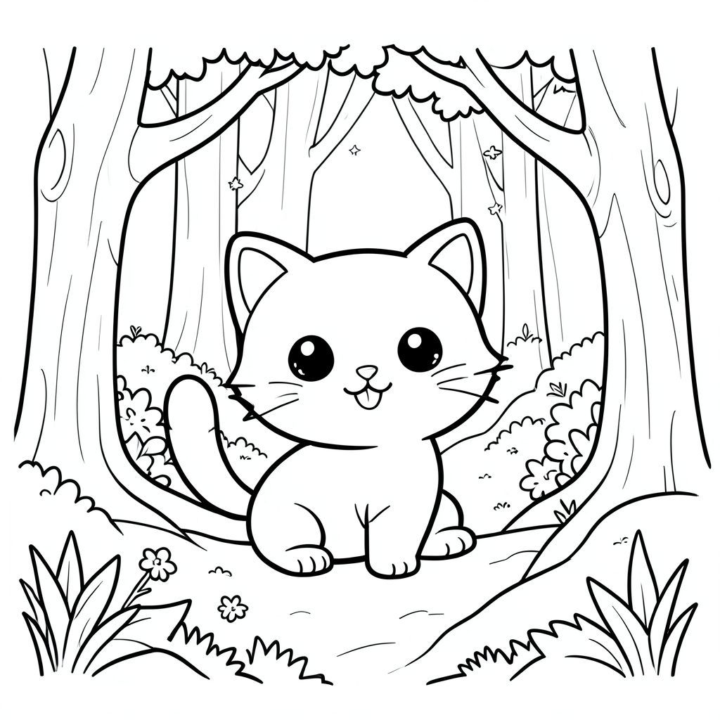Cute kawaii cat exploring a magical forest, simple line art, big eyes, smiling, vector style, black and white, coloring book page, no shading, thick clean outlines, white background