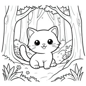 Cute kawaii cat exploring a magical forest, simple line art, big eyes, smiling, vector style, black and white, coloring book page, no shading, thick clean outlines, white background