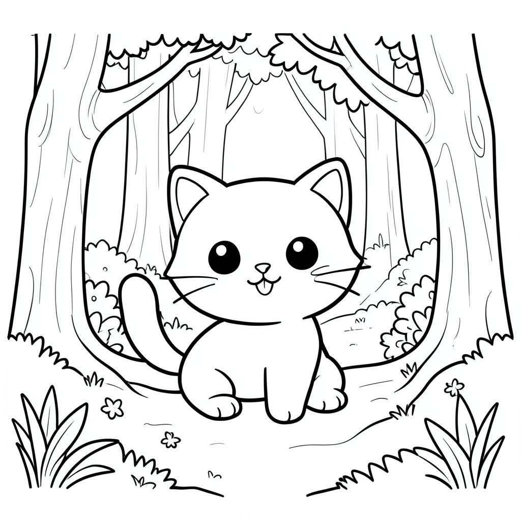Cute kawaii cat exploring a magical forest, simple line art, big eyes, smiling,four legs vector style, black and white, coloring book page, no shading, thick clean outlines, white background