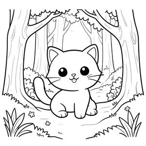 Cute kawaii cat exploring a magical forest, simple line art, big eyes, smiling,four legs vector style, black and white, coloring book page, no shading, thick clean outlines, white background