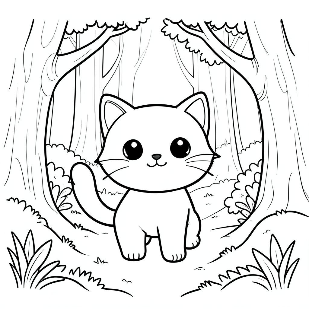 Cute kawaii cat exploring a magical forest, simple line art,standing, big eyes, smiling, vector style, black and white, coloring book page, no shading, thick clean outlines, white background