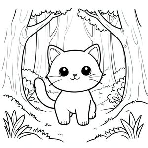 Cute kawaii cat exploring a magical forest, simple line art,standing, big eyes, smiling, vector style, black and white, coloring book page, no shading, thick clean outlines, white background