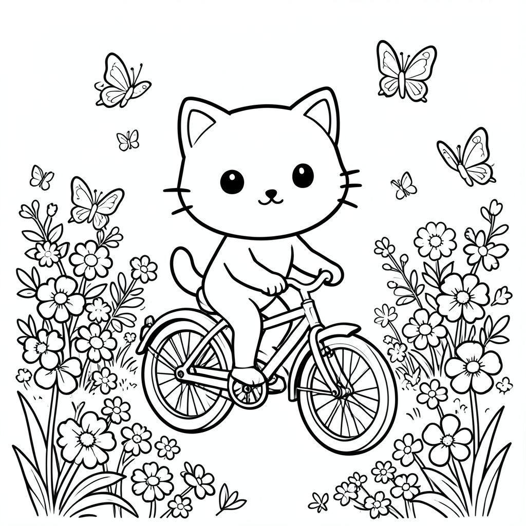 Kawaii cat riding a bicycle through a flower garden, butterflies around, vector style, black and white, coloring book page, no shading, thick clean outlines, white background