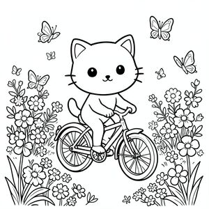 Kawaii cat riding a bicycle through a flower garden, butterflies around, vector style, black and white, coloring book page, no shading, thick clean outlines, white background
