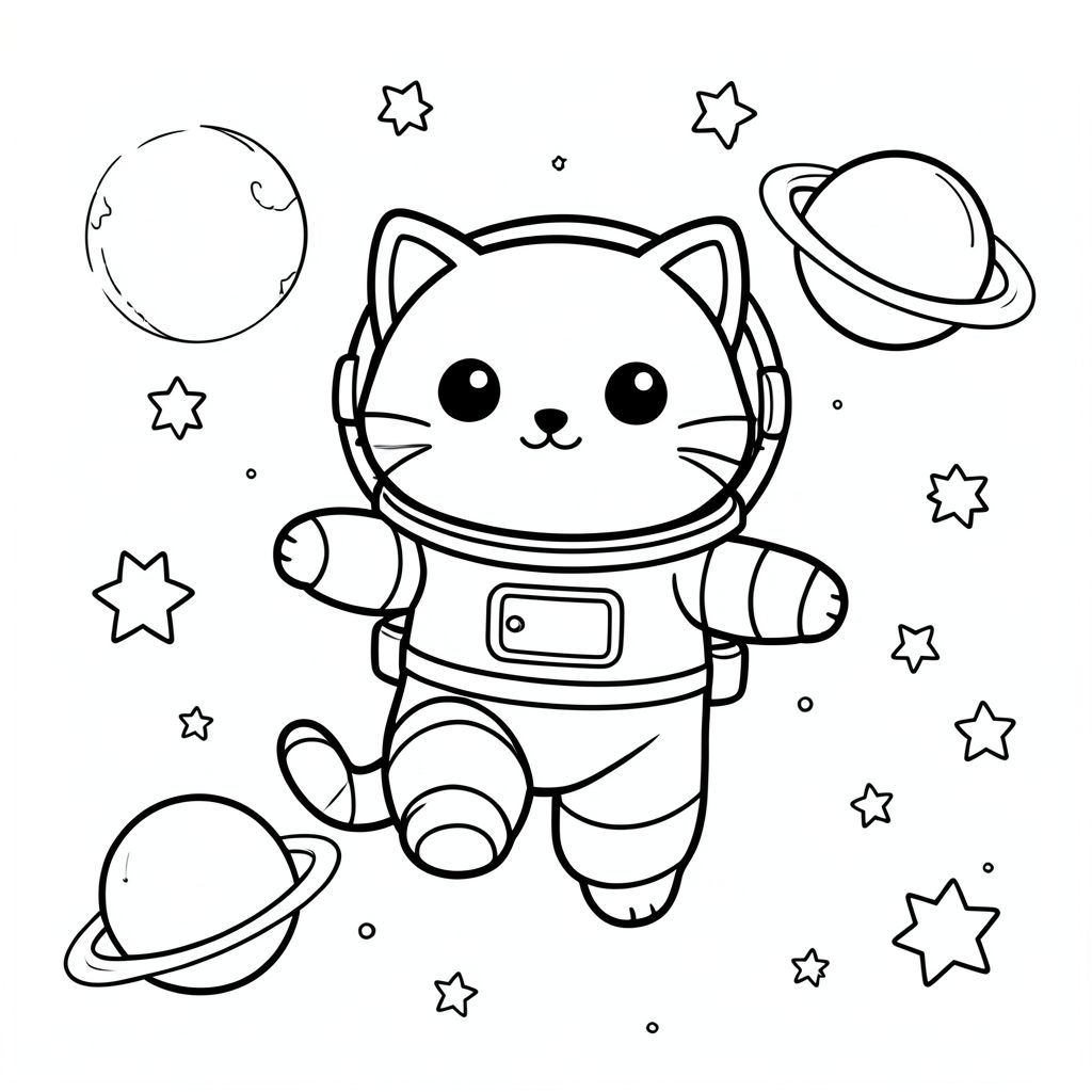 Adorable cat astronaut floating in space with stars and planets, kawaii style, vector style, black and white, coloring book page, no shading, thick clean outlines, white background