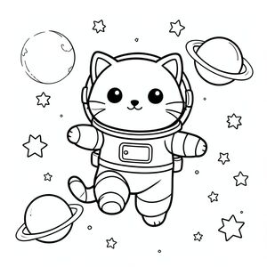 Adorable cat astronaut floating in space with stars and planets, kawaii style, vector style, black and white, coloring book page, no shading, thick clean outlines, white background