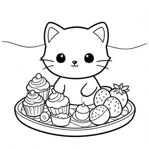 Cat having a picnic with cupcakes and fruits, kawaii style, simple background, vector style, black and white, coloring book page, no shading, thick clean outlines, white background