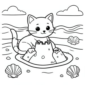 Cute cat building a sandcastle at the beach, seashells and waves, vector style, black and white, coloring book page, no shading, thick clean outlines, white background