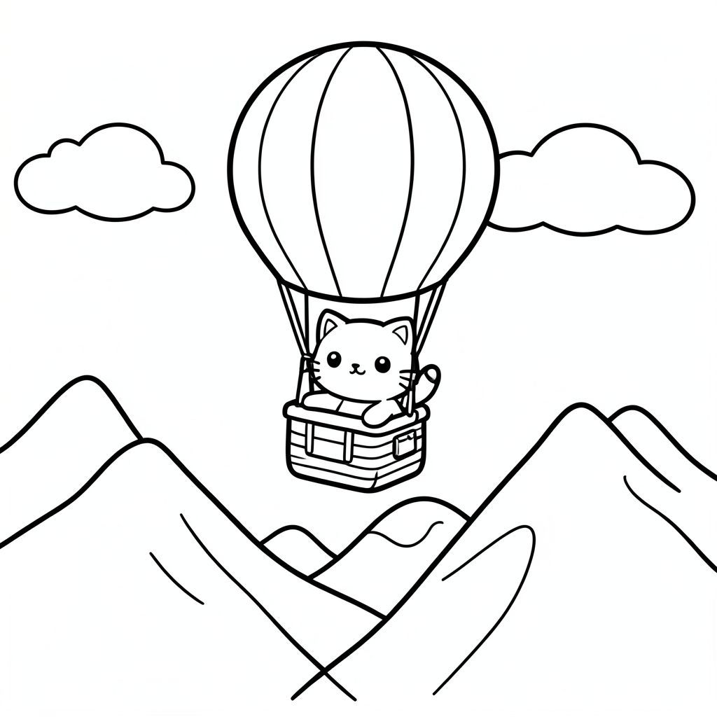 Kawaii cat flying a hot air balloon over mountains, simple shapes, vector style, black and white, coloring book page, no shading, thick clean outlines, white background