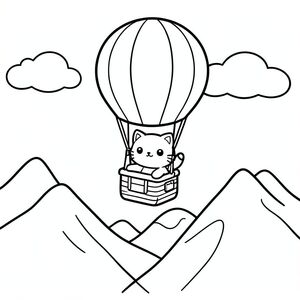 Kawaii cat flying a hot air balloon over mountains, simple shapes, vector style, black and white, coloring book page, no shading, thick clean outlines, white background
