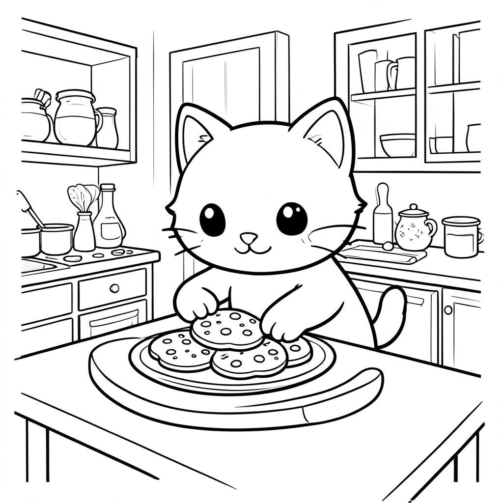 Cat baking cookies in a cozy kitchen, kawaii style, minimal details, vector style, black and white, coloring book page, no shading, thick clean outlines, white background