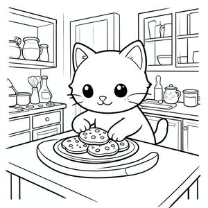 Cat baking cookies in a cozy kitchen, kawaii style, minimal details, vector style, black and white, coloring book page, no shading, thick clean outlines, white background
