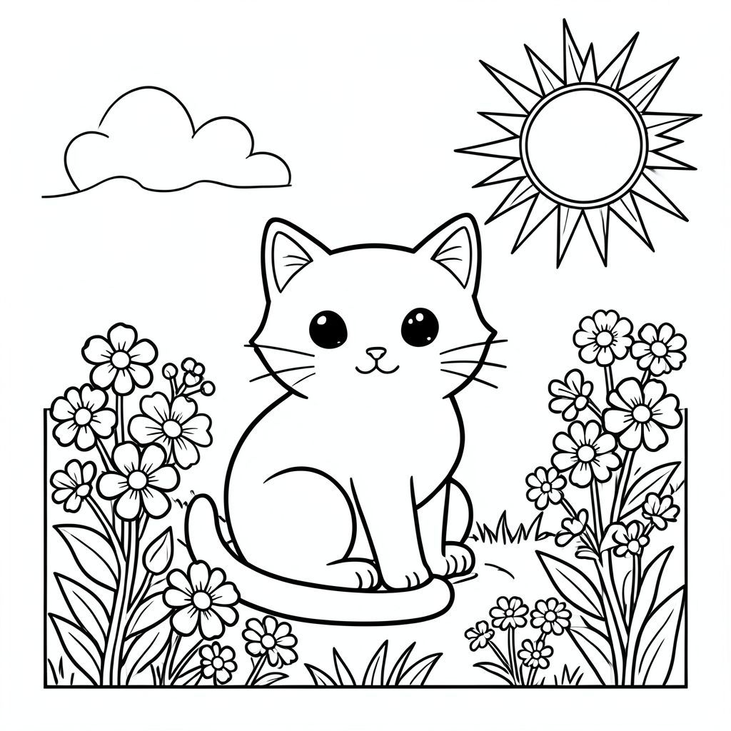 Cute cat painting on a canvas outdoors, flowers and sun, vector style, black and white, coloring book page, no shading, thick clean outlines, white background