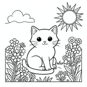 Cute cat painting on a canvas outdoors, flowers and sun, vector style, black and white, coloring book page, no shading, thick clean outlines, white background